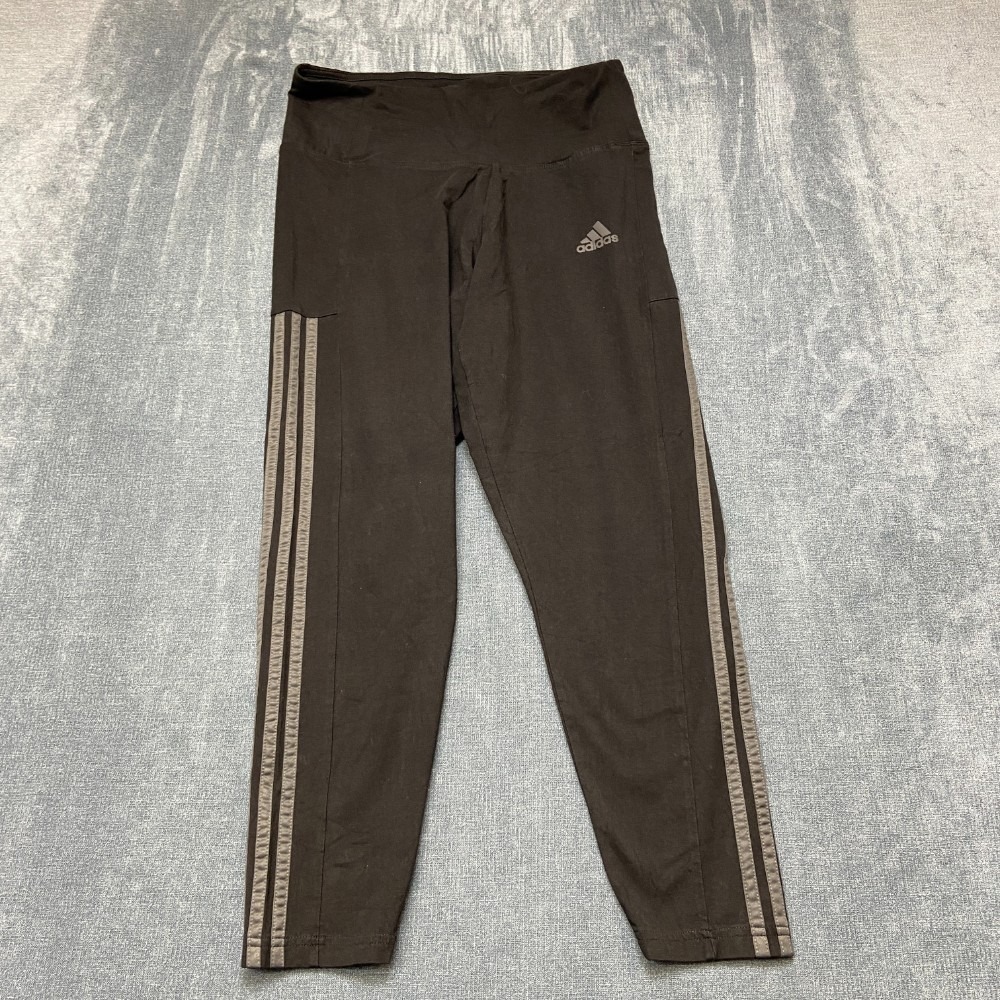 Adidas Leggings Womens L Black 3-Stripes Logo High Waisted Performance Gym Wear